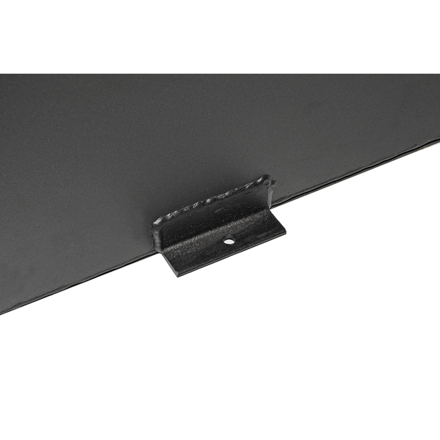 Close-up view of the heavy-duty mounting tab on the Dee Zee Long Rectangle Transfer Tank Black Steel DZ92556NSB, showcasing the welded steel construction, black NRT powder coat finish, and mounting hole for secure truck bed installation on this 39-gallon transfer tank.