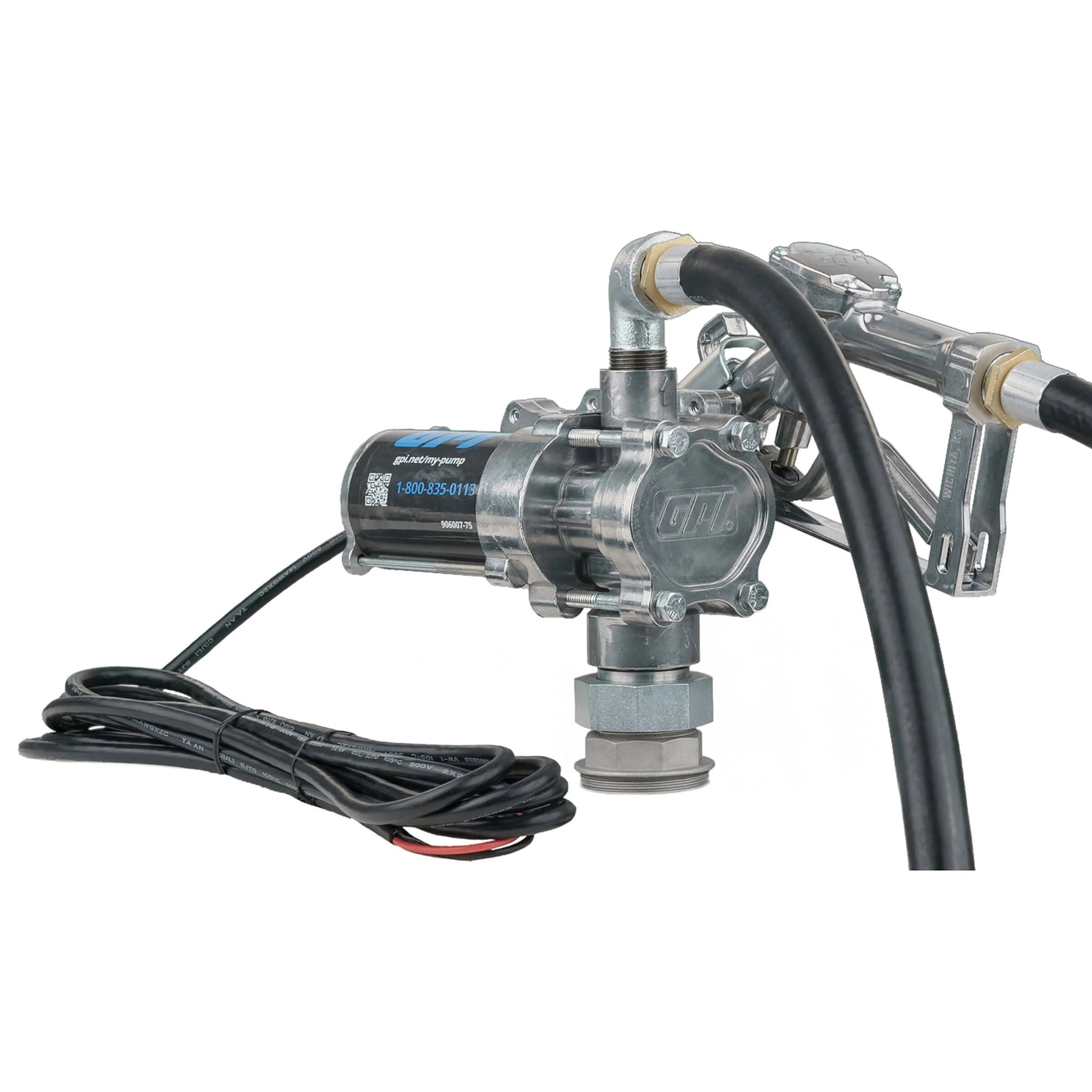Side view of the GPI 12V 8 GPM Fuel Transfer Pump with manual nozzle, factory-installed power cord, and hose, emphasizing the compact design, GPI logo, support contact info, and durable build for reliable 8 GPM flow rates in recreational and agricultural applications.