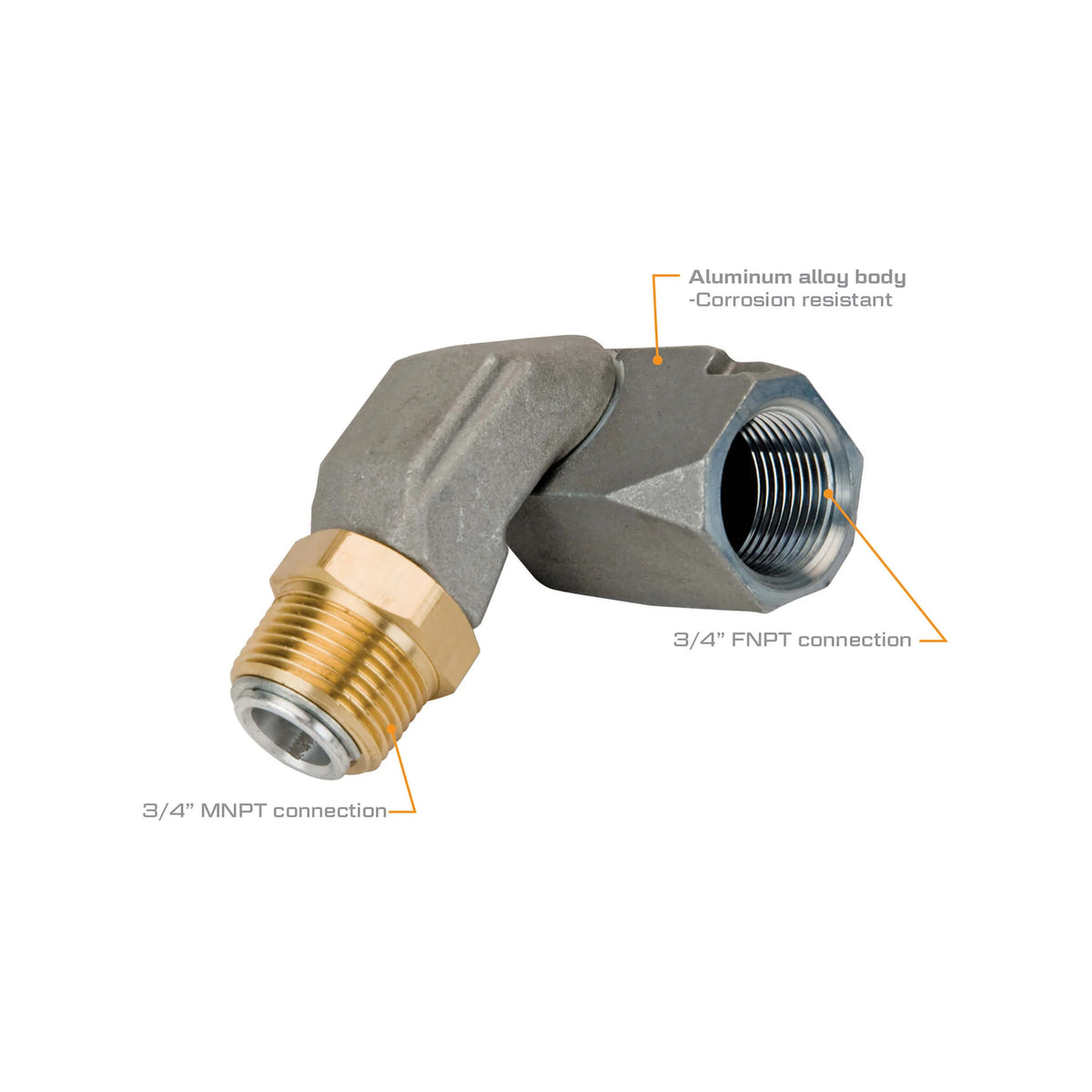 FlowTek 3/4 inch fuel hose swivel with 3/4 in MNPT male and 3/4 in FNPT female connections corrosion resistant aluminum alloy body