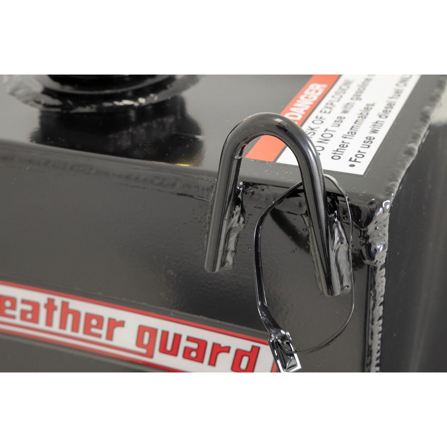 Lifting lug tie down on Weather Guard 100 gallon rectangular steel transfer tank in black for added security (SKU WG358-5-02)