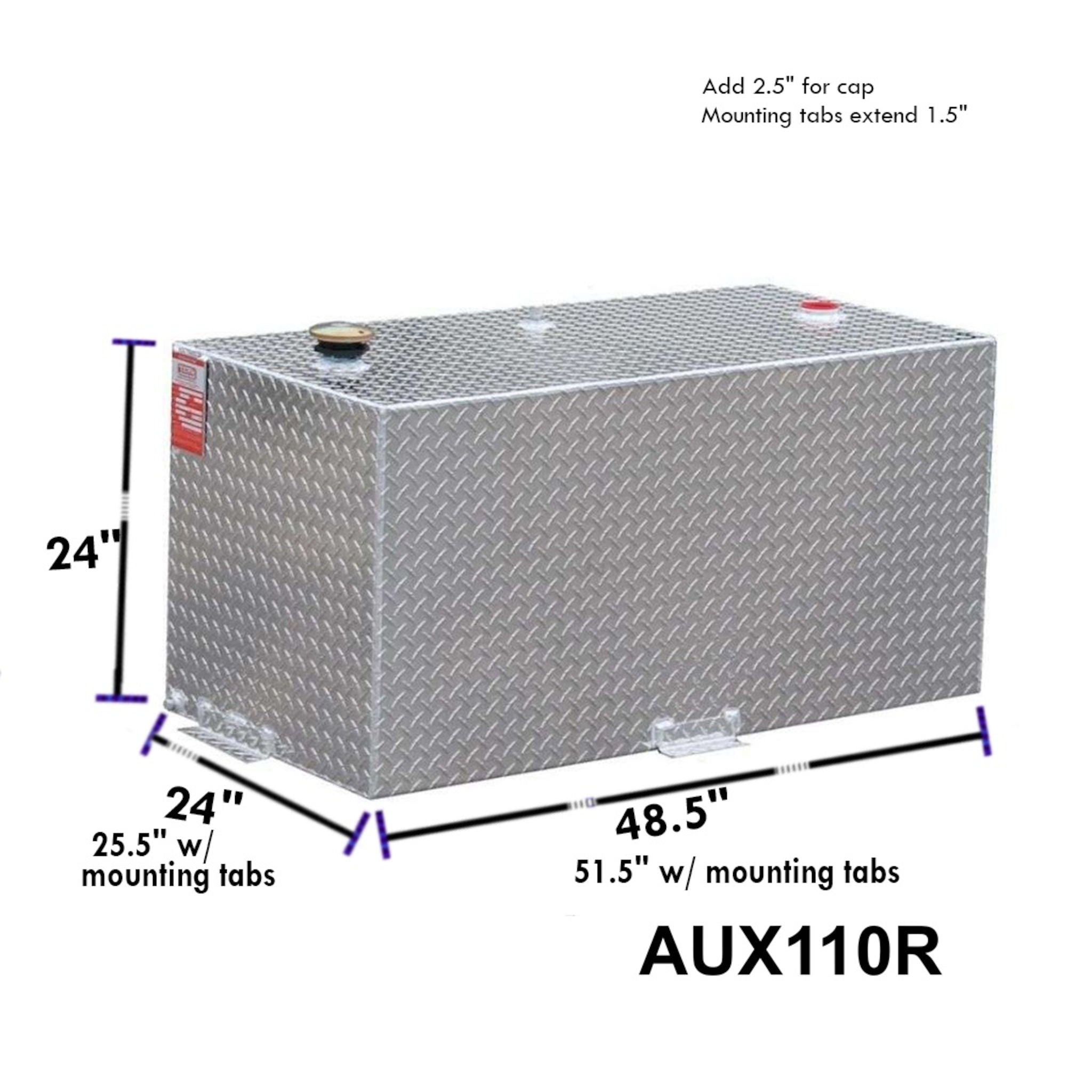 ATI AUX110R 110 gallon rectangular auxiliary diesel fuel tank SKU AUX110R with dimensions 24 in height, 25.5 in width including mounting tabs, 51.5 in length