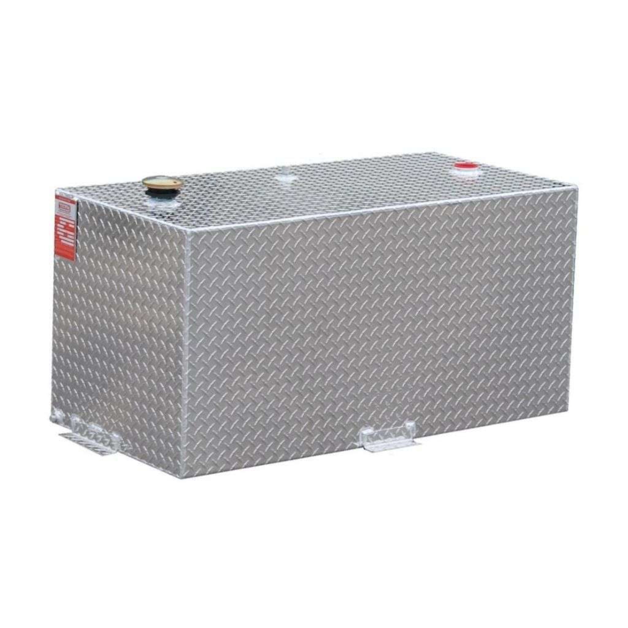 ATI AUX110R 110 gallon rectangular auxiliary diesel fuel tank SKU AUX110R bright diamond plate aluminum side view with filler cap