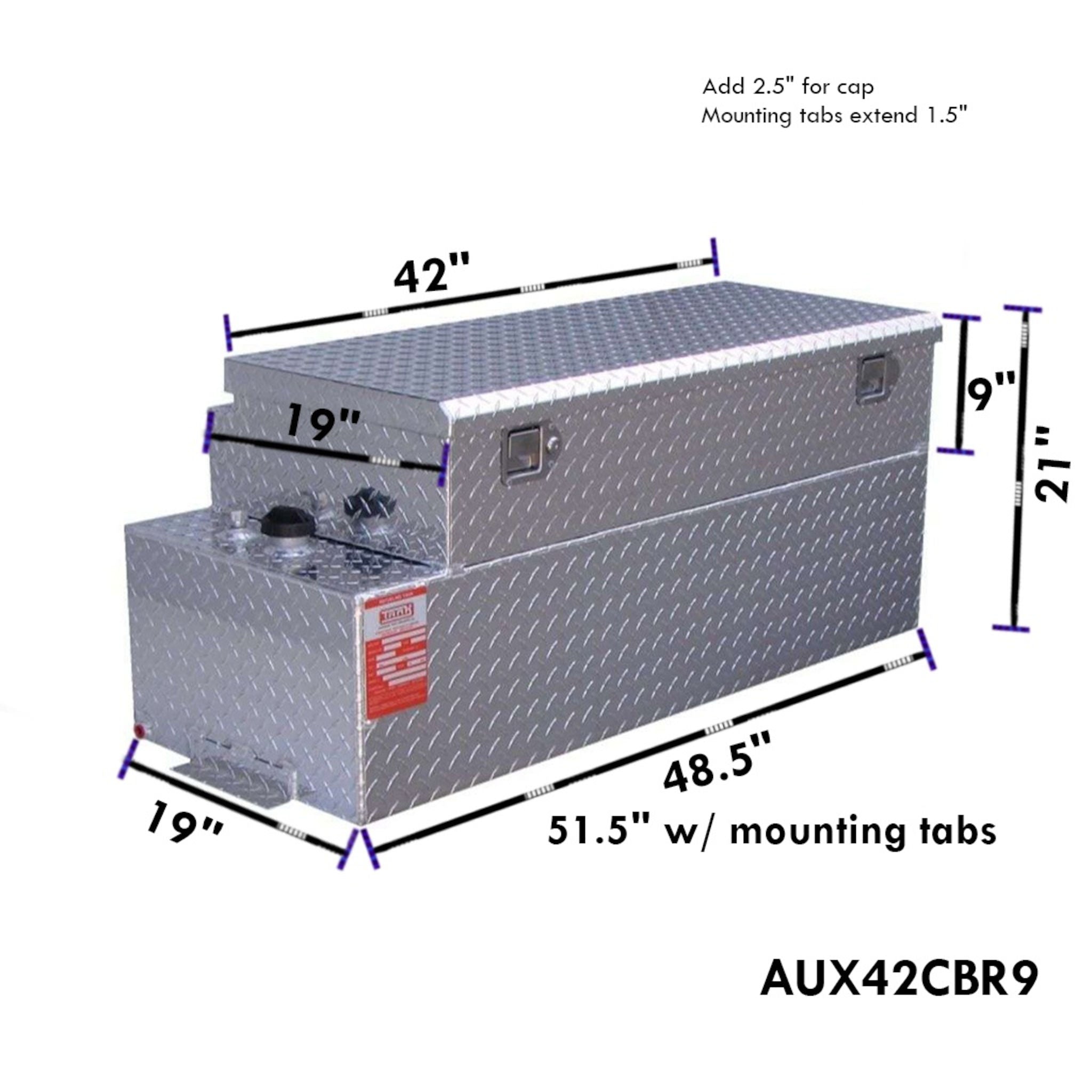 ATI AUX42CBR9 42 gallon combo auxiliary diesel fuel tank toolbox SKU AUX42CBR9 with dimensions 19 in toolbox height, 16.5 in tank height, 51.5 in length including mounting tabs