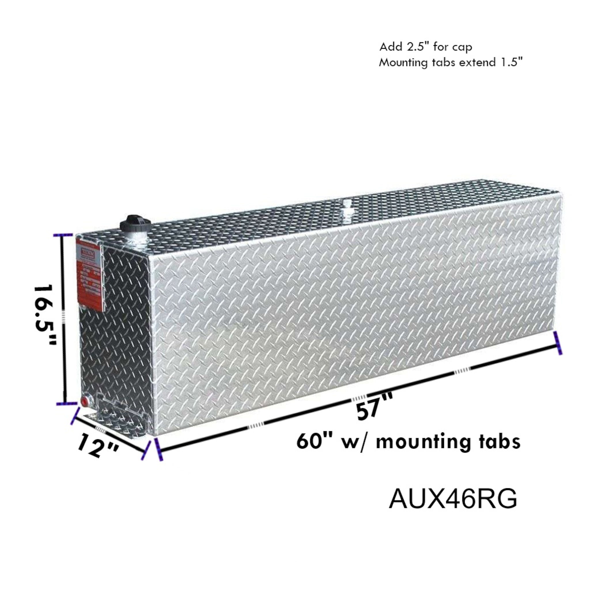 ATI AUX46RG 46 gallon rectangular auxiliary gasoline fuel tank SKU AUX46RG with dimensions 9.5 in height, 12 in width, 60 in length including mounting tabs