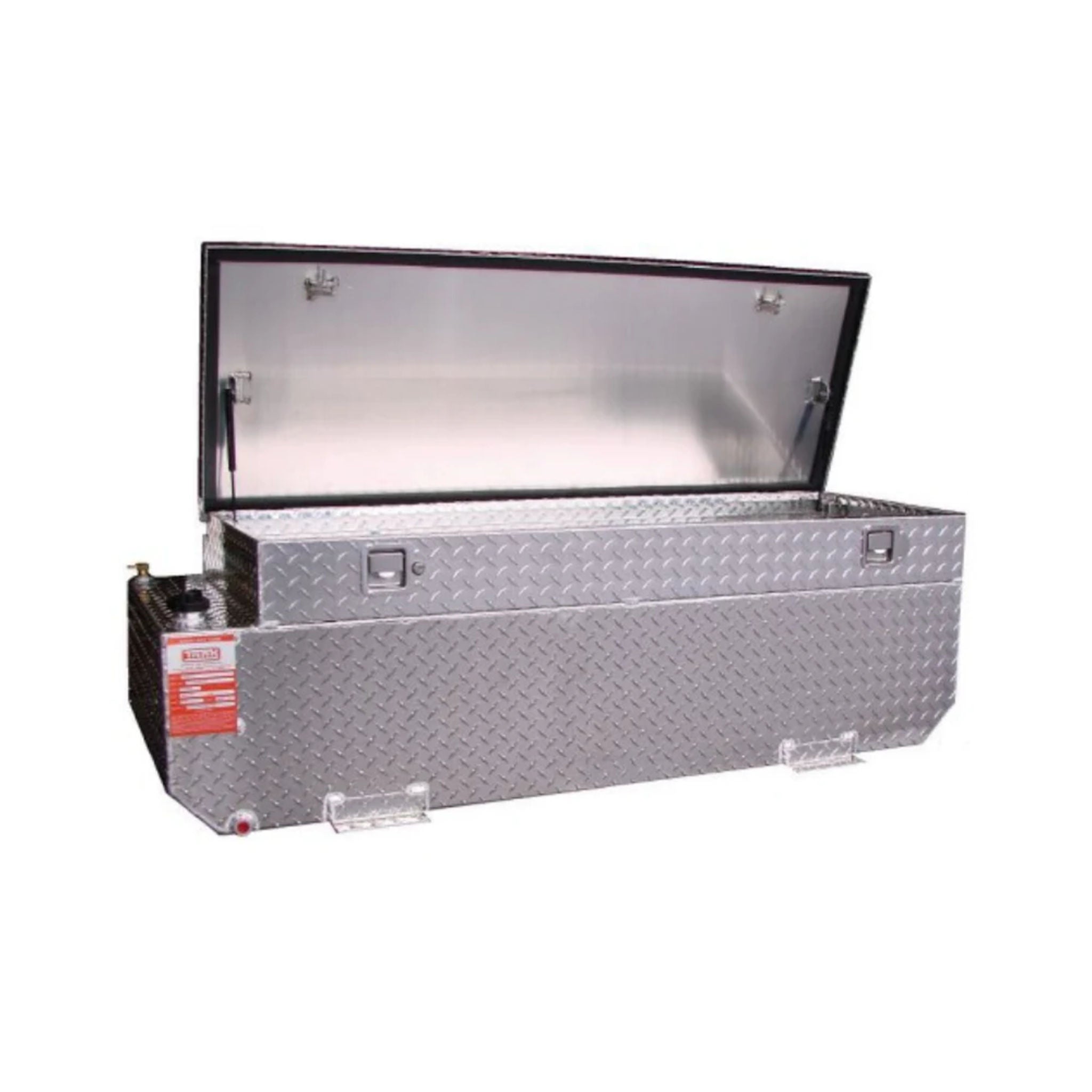 ATI AUX65CBR 62 gallon combo auxiliary diesel fuel tank with toolbox SKU AUX65CBR bright diamond plate aluminum full view