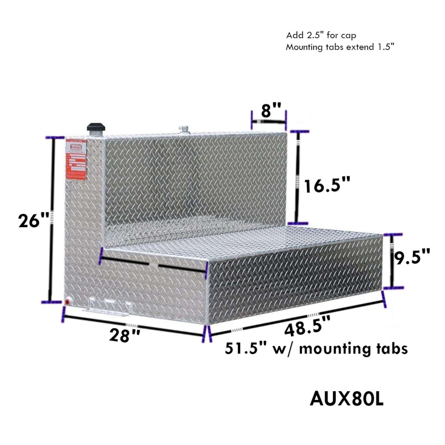 ATI AUX80L 80 gallon L-shaped auxiliary diesel fuel tank SKU AUX80L with dimensions 26 in tall leg, 16.5 in short leg height, 51.5 in length including mounting tabs
