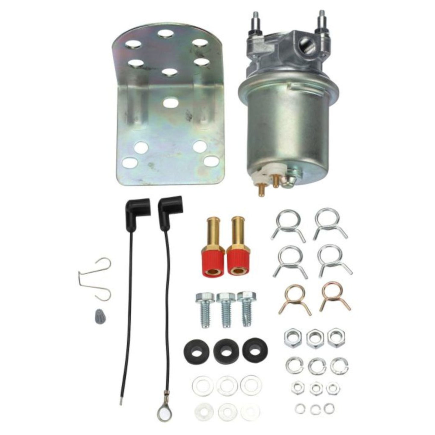Complete Carter 12V fuel pump kit: includes mounting bracket, hoses, barb connectors, clamps, wires, and hardware for gasoline or diesel auxiliary tanks.