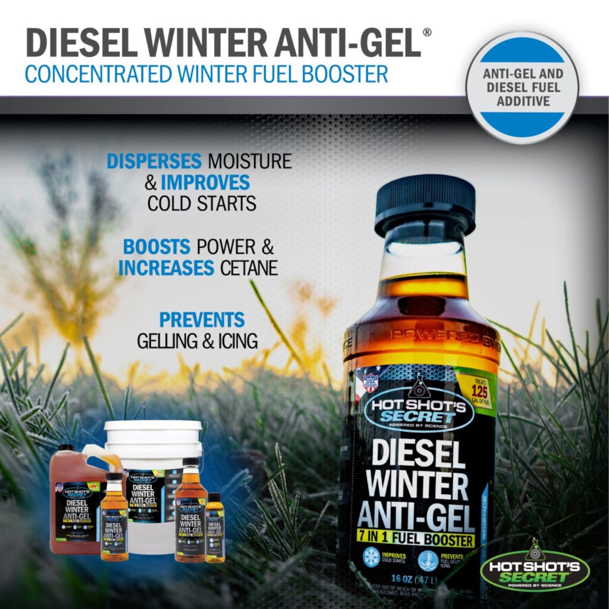 Hot Shot’s Secret diesel winter anti gel 7 in 1 fuel booster prevents gelling improves cold starts