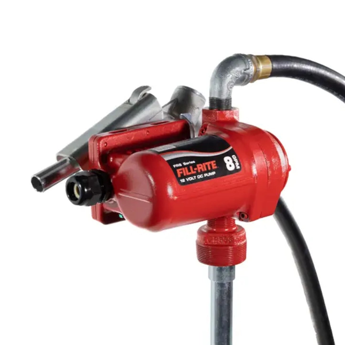 Fill-Rite FR8 12V DC rotary vane fuel transfer pump kit: 8 GPM red cast iron body with manual nozzle, black hose