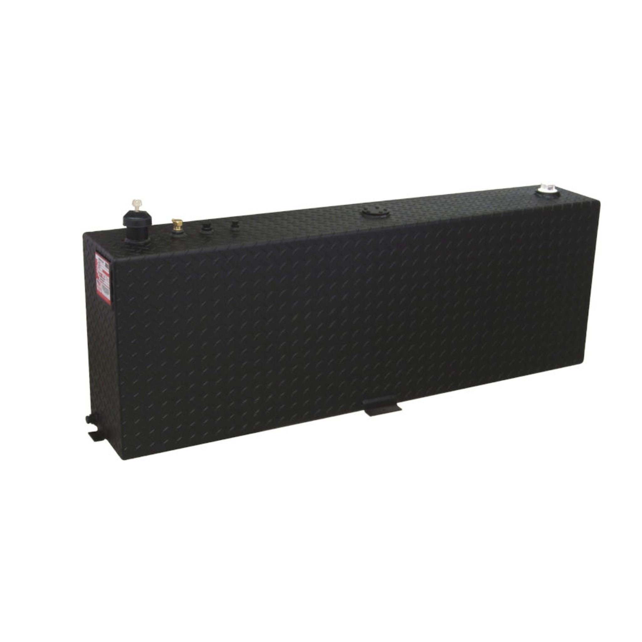 RDS 45-gallon black diamond-plate aluminum transfer fuel tank: fill cap, safety vent, drain plug, and mounting tabs for durable truck bed use.