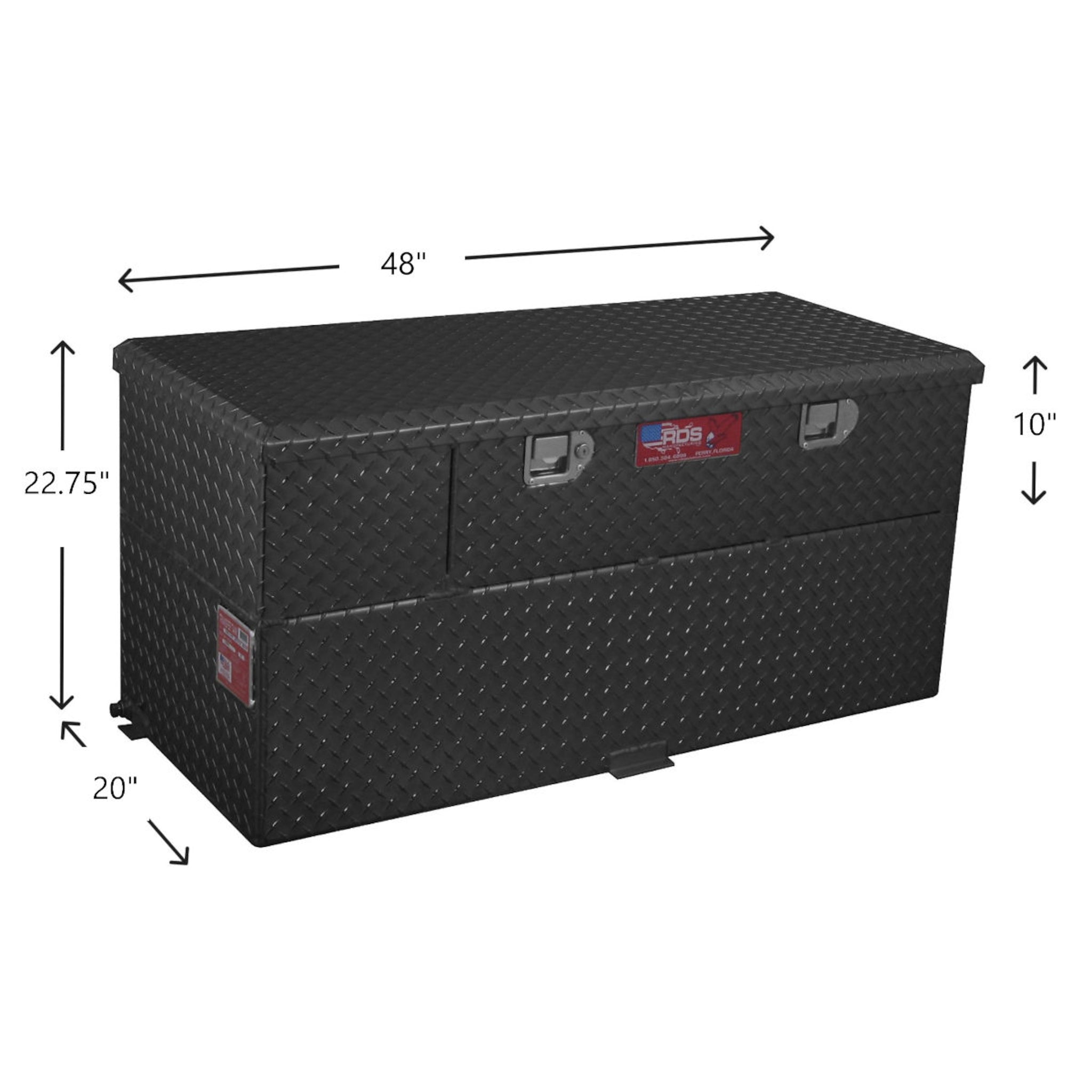 RDS 50-gallon aluminum fuel tank/toolbox combo with built-in pump dimensions: 20"H tank, 48"L body, 50"L with tabs, 22.75" total height for truck fit.