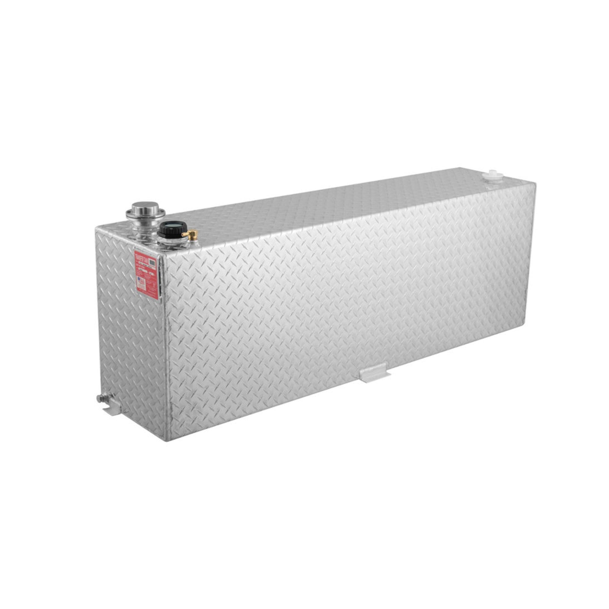 RDS 60-gallon diamond-plate aluminum transfer fuel tank (model #71212): lockable Spin secure cap, safety rollover vent, 3/8" drain plug, and mounting tabs for DOT-approved transport.