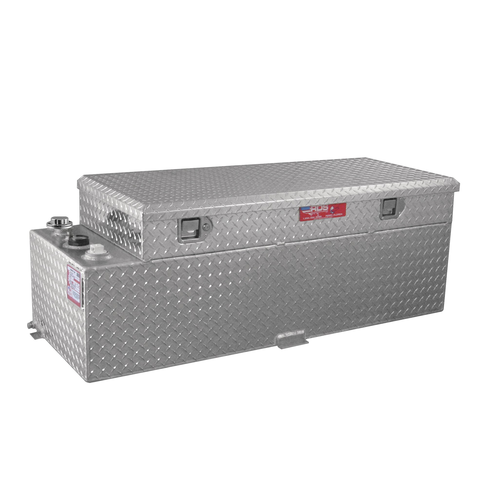 Closed RDS 60-gallon aluminum transfer fuel tank toolbox combo: diamond-plate design with lockable storage, brass vent, red label, and end tabs