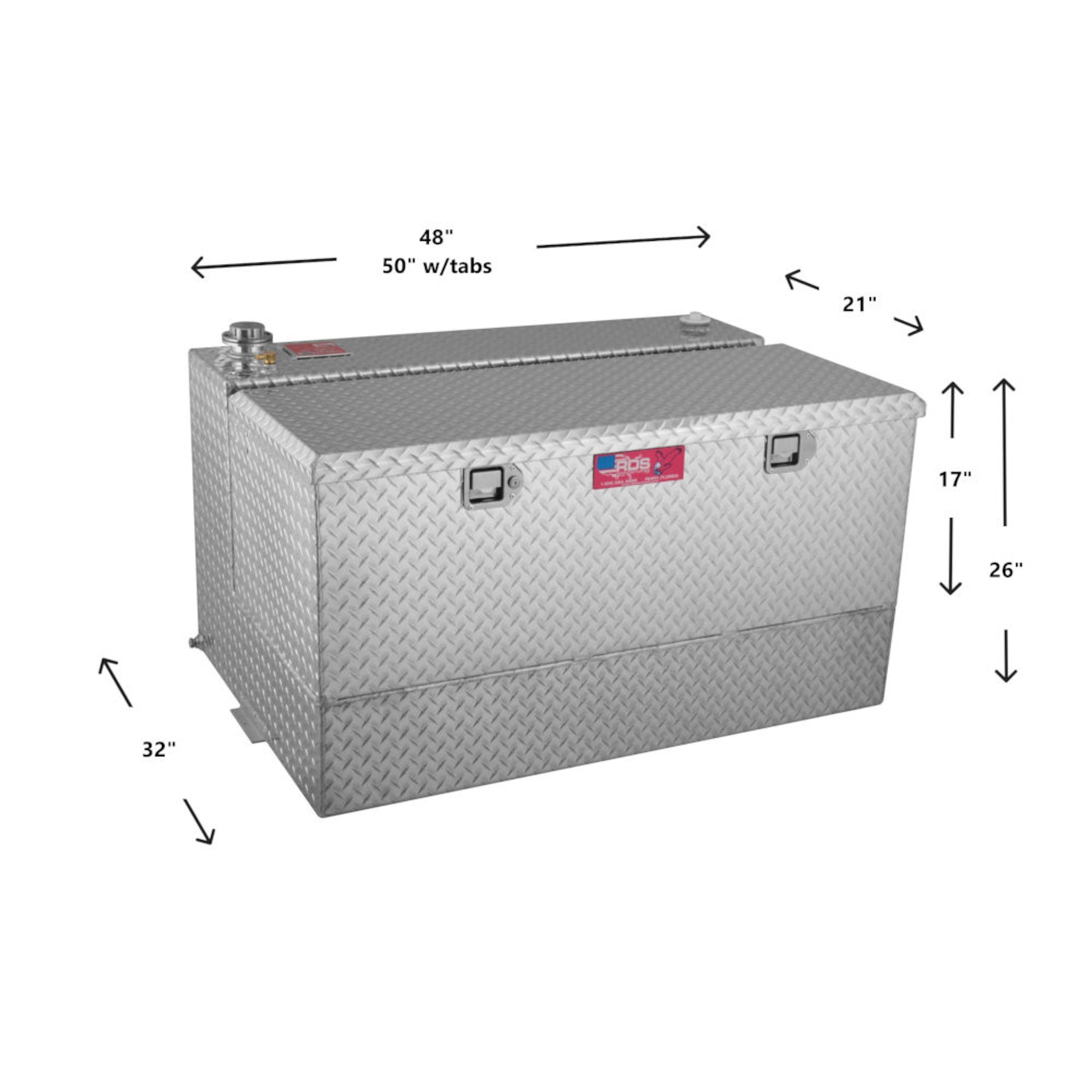 RDS 95-gallon aluminum transfer fuel tank/toolbox dimensions: 32"H total, 21"W, 50"L with tabs, 17"H tank for precise truck bed fit.