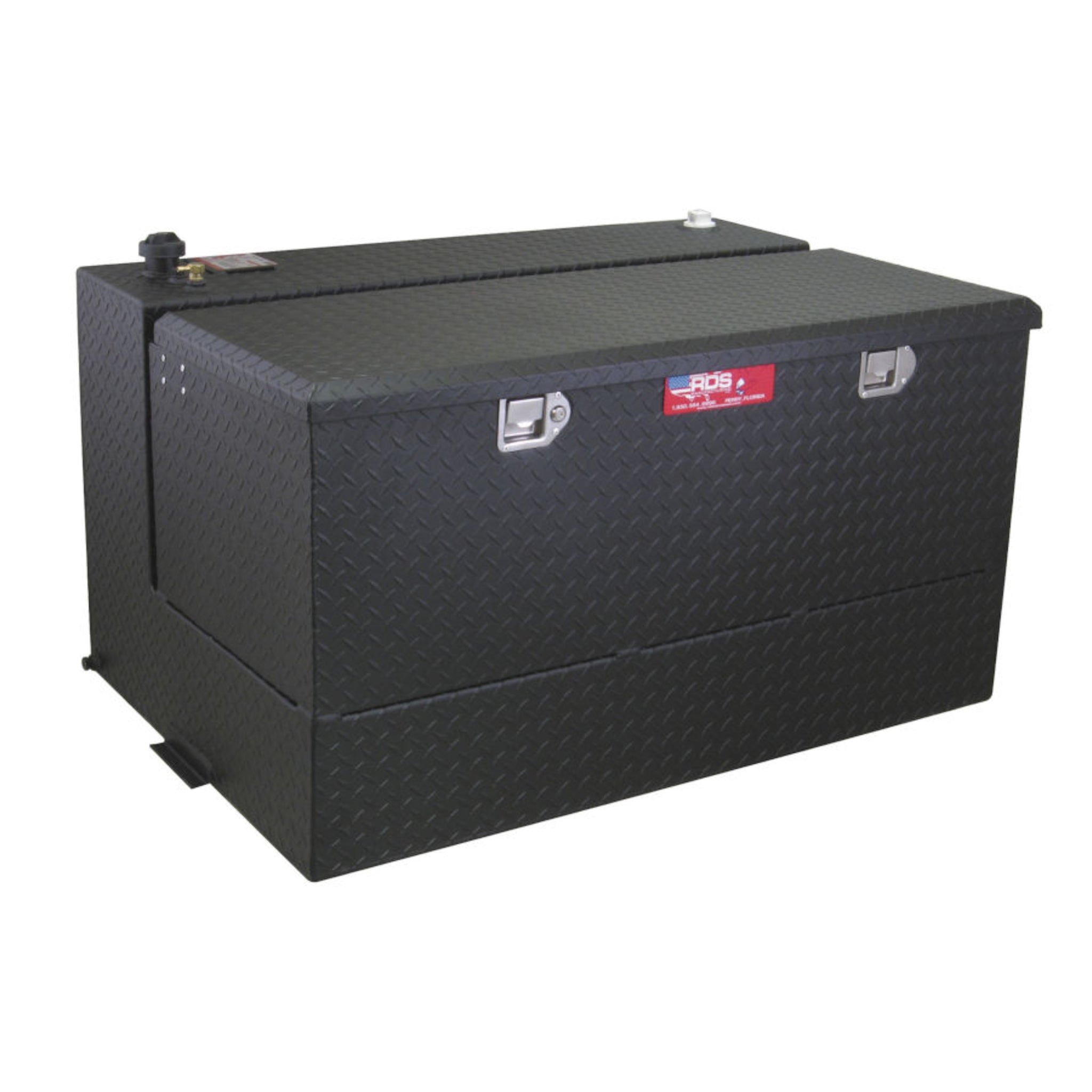 RDS 95-gallon black diamond-plate aluminum auxiliary transfer fuel tank with toolbox: lockable lid, fill cap, vent, and tabs for rugged truck mounting.