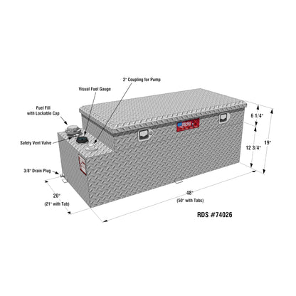 RDS 50-gallon aluminum transfer fuel tank/toolbox dimensions: 20"H tank, 6.25"H toolbox, 48"L body, 50"L with tabs for truck bed compatibility.
