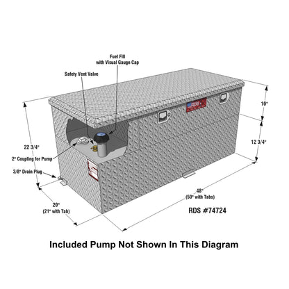 RDS 50-gallon aluminum transfer fuel tank/toolbox with pump dimensions: 20"H tank, 6.25"H toolbox, 48"L body, 50"L with tabs for truck bed fit. Diagram showing Fuel gauge and vent.