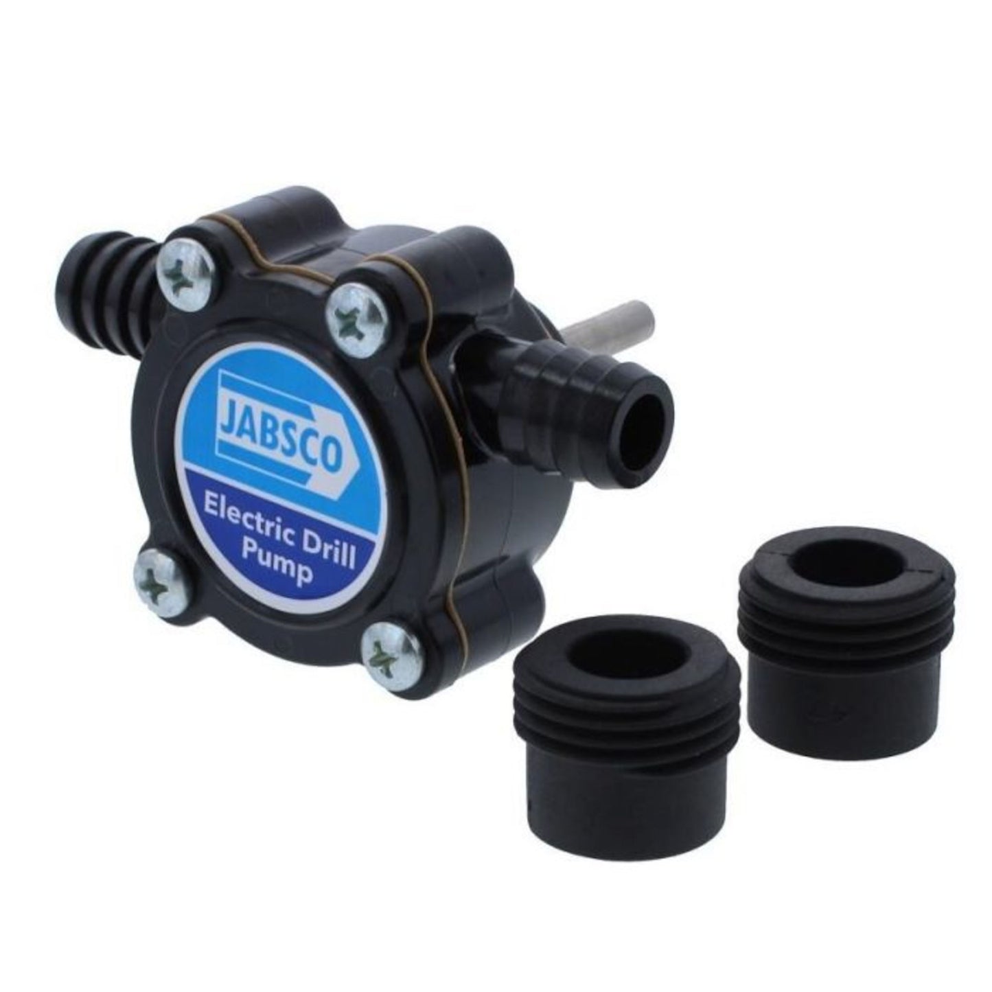 Angled view of a Jabsco electric drill pump showing inlet and outlet hose barb fittings with included threaded adapters