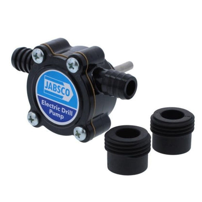 Angled view of a Jabsco electric drill pump showing inlet and outlet hose barb fittings with included threaded adapters