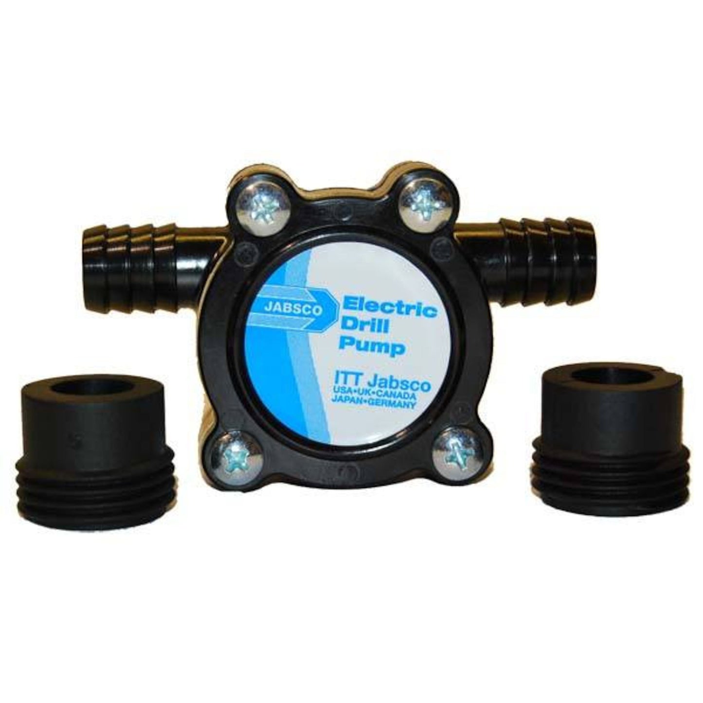 Front view of a Jabsco electric drill pump with 1/2 inch hose barb ports and two garden hose thread adapters displayed