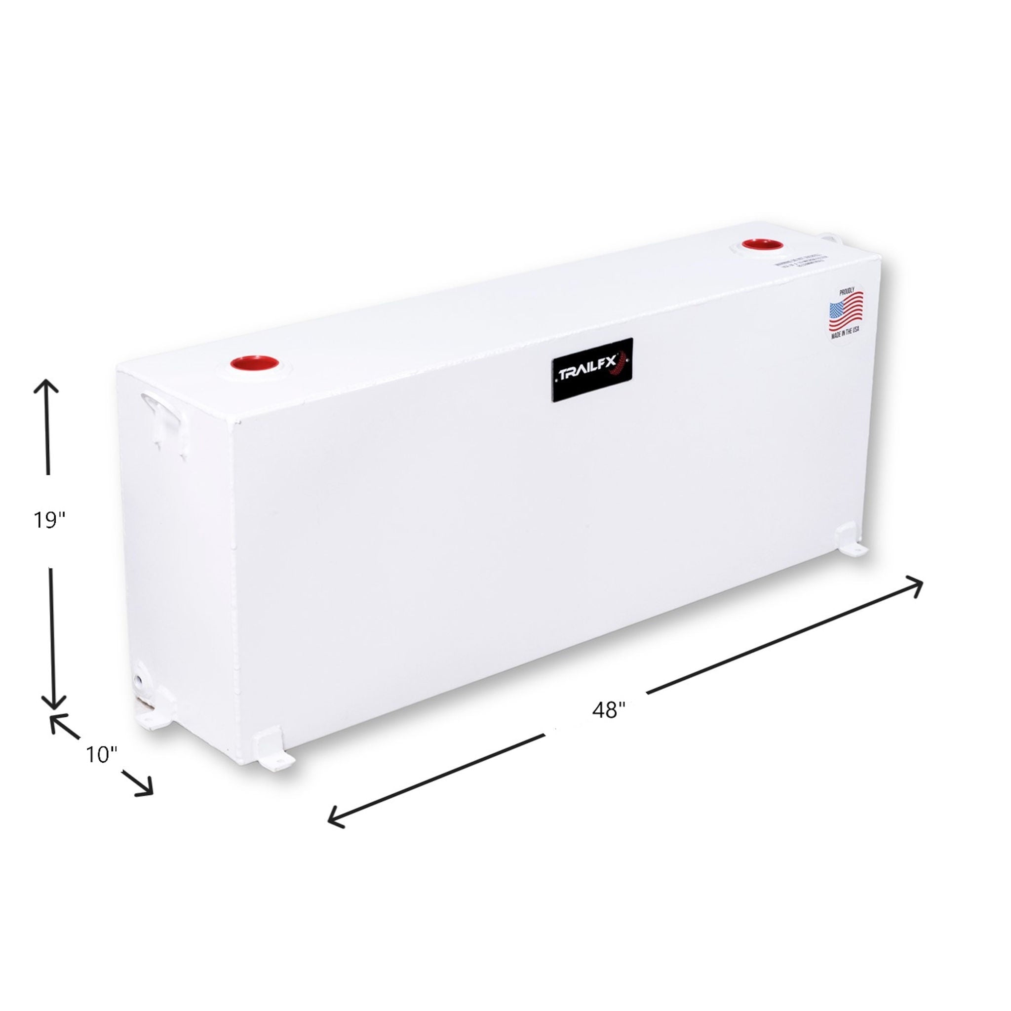 TrailFX 37 gallon steel transfer fuel tank (SKU 21040SW) dimensions: 48" L x 19" H x 10" W