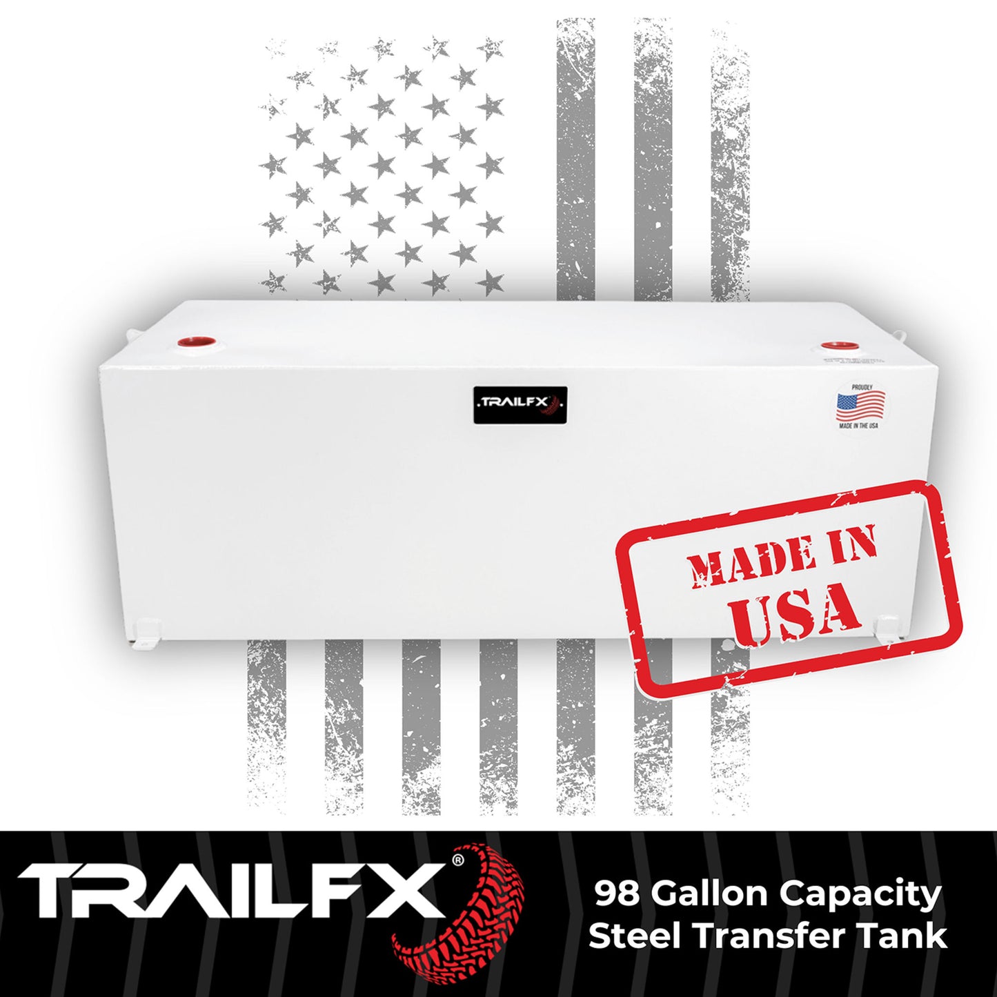 TrailFX 98 gallon capacity steel transfer tank in white, proudly manufactured in the USA (SKU 21098SW)