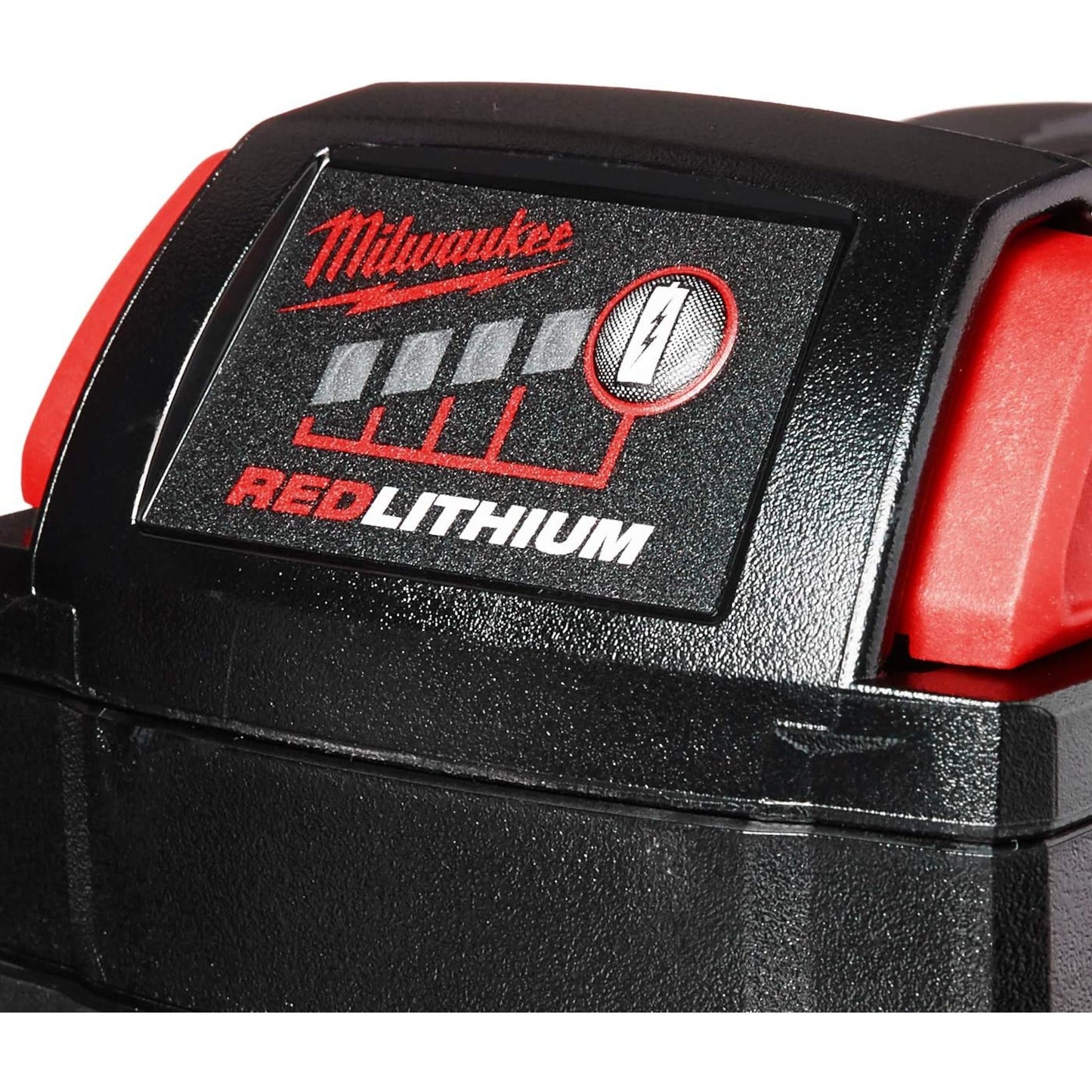 Close-up of fuel gauge on Milwaukee M18 REDLITHIUM XC 5.0Ah battery displaying charge status (SKU 48-11-1850)