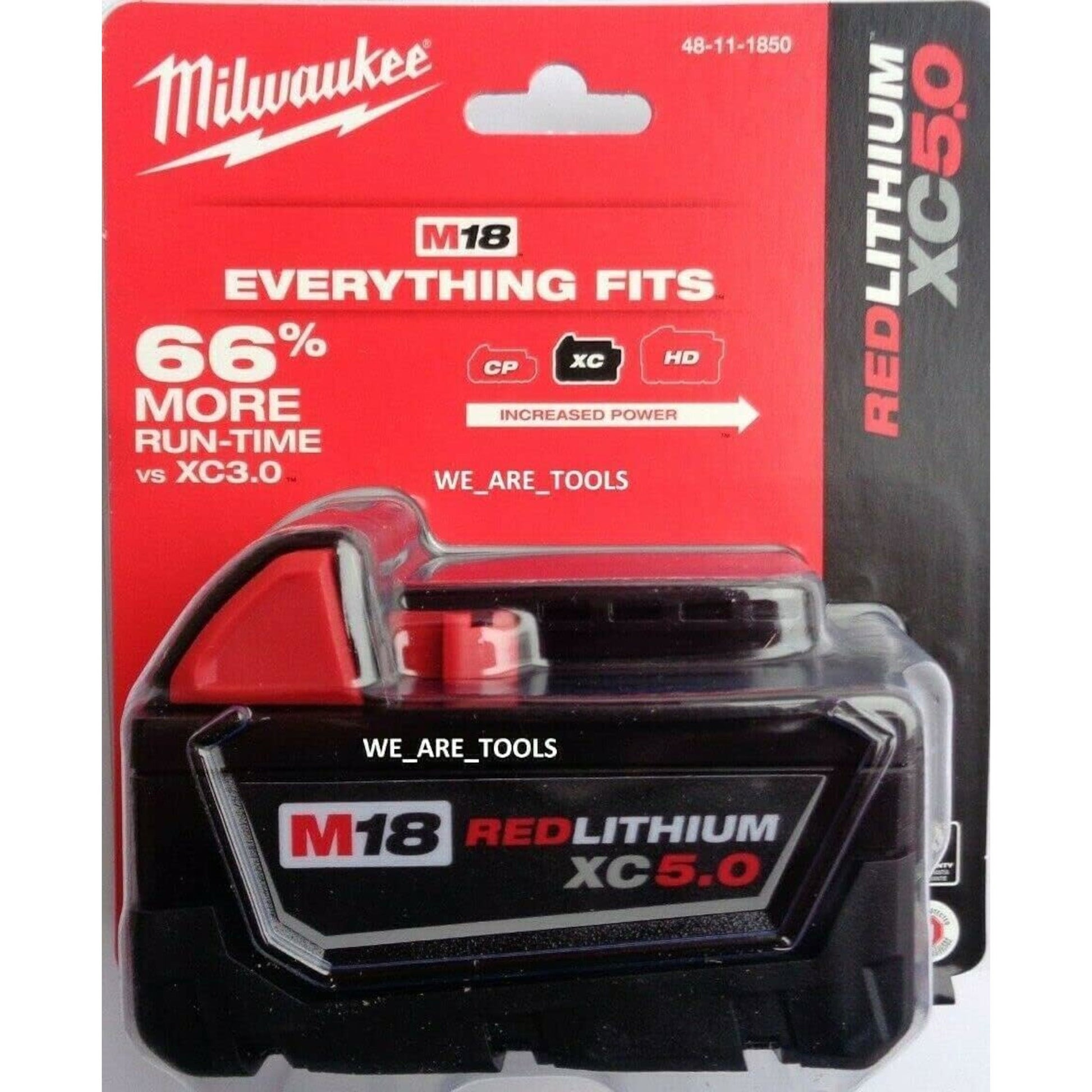 Milwaukee M18 REDLITHIUM XC 5.0Ah battery in retail packaging (SKU 48-11-1850)
