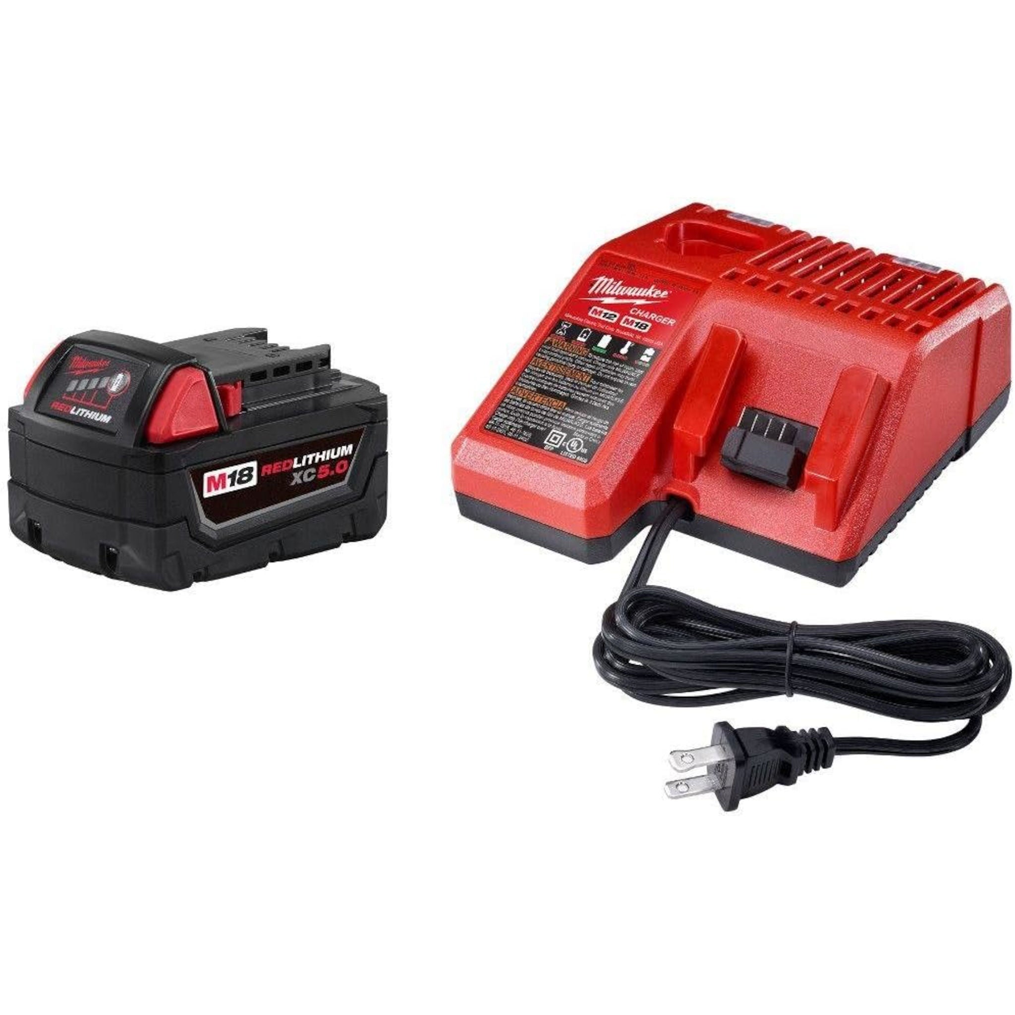Milwaukee M18 REDLITHIUM XC 5.0Ah battery and multi-voltage charger included in starter kit (SKU 48-59-1850)