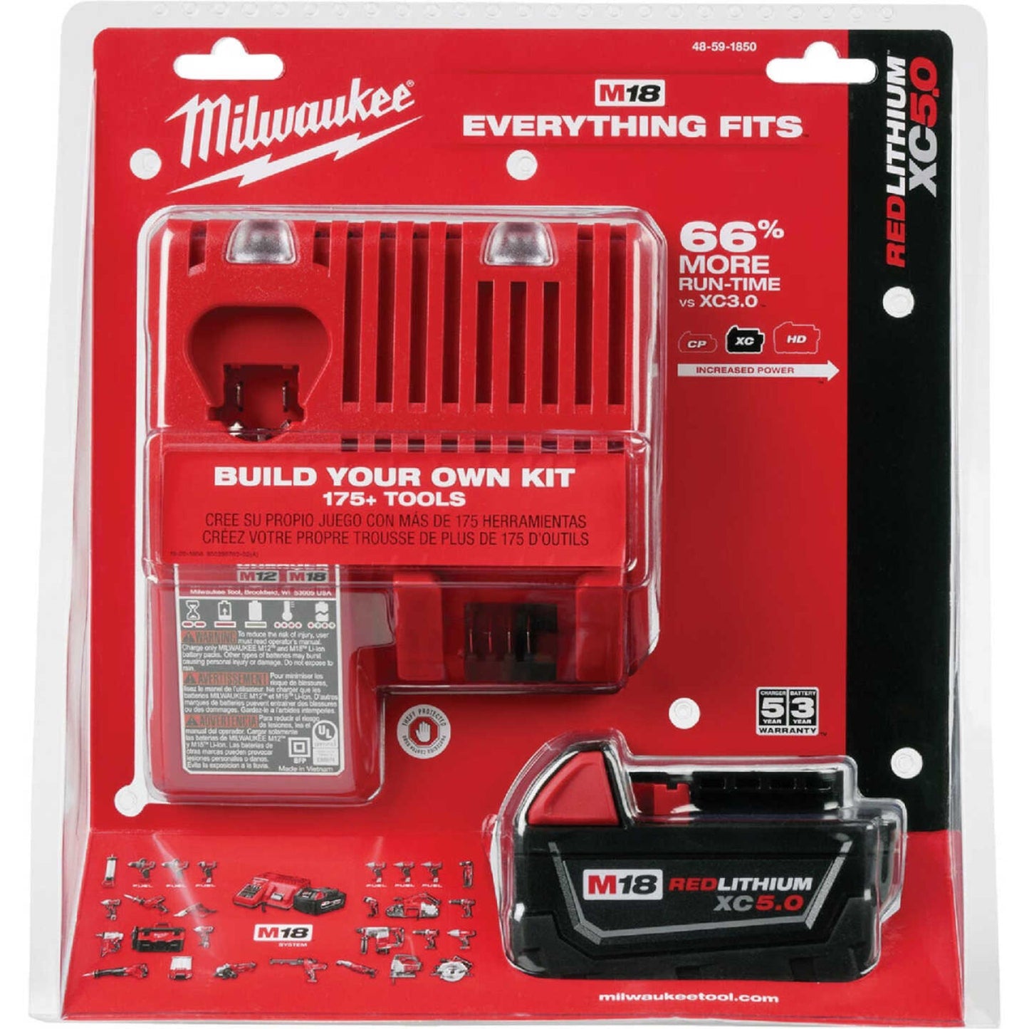 Milwaukee M18 REDLITHIUM XC 5.0Ah battery and charger starter kit in retail packaging (SKU 48-59-1850)