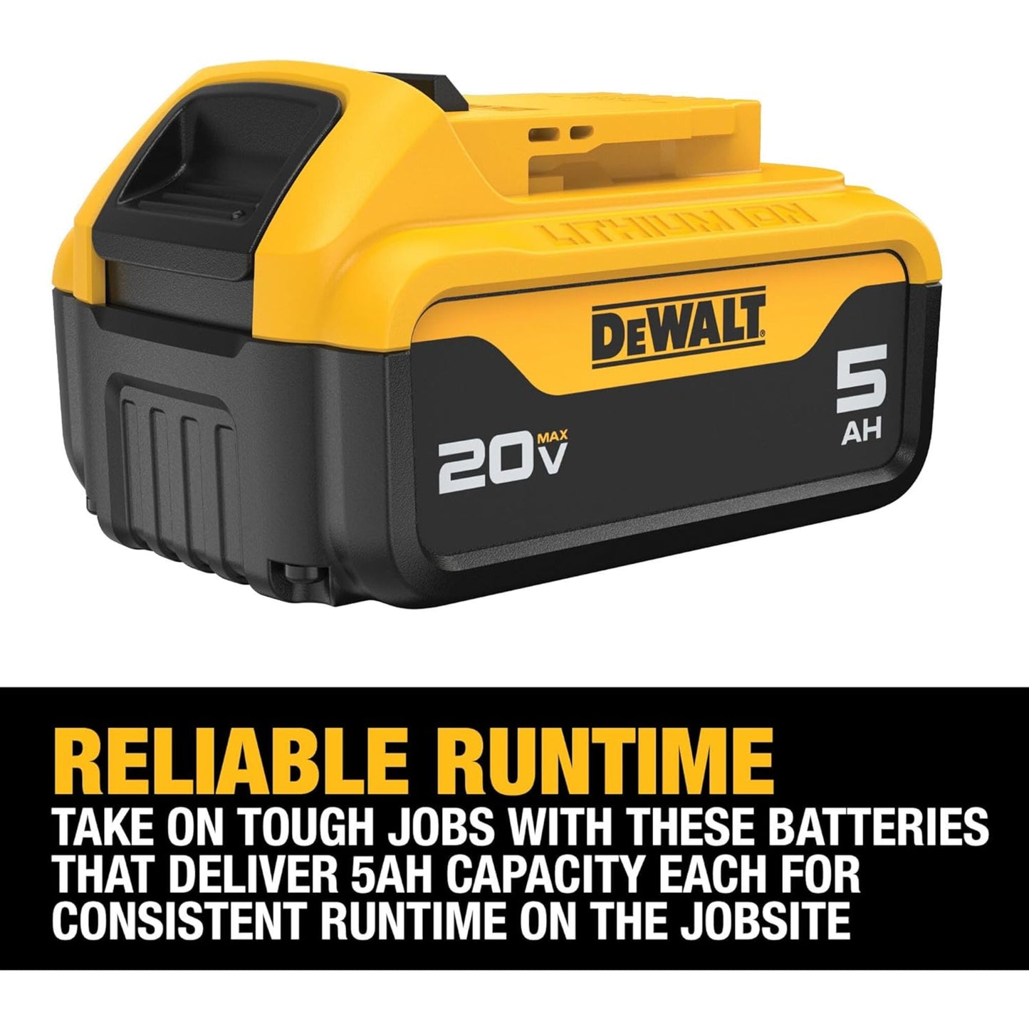 DeWalt 20V MAX 5Ah battery (SKU DCB205) delivering reliable runtime and 5Ah capacity for tough jobs