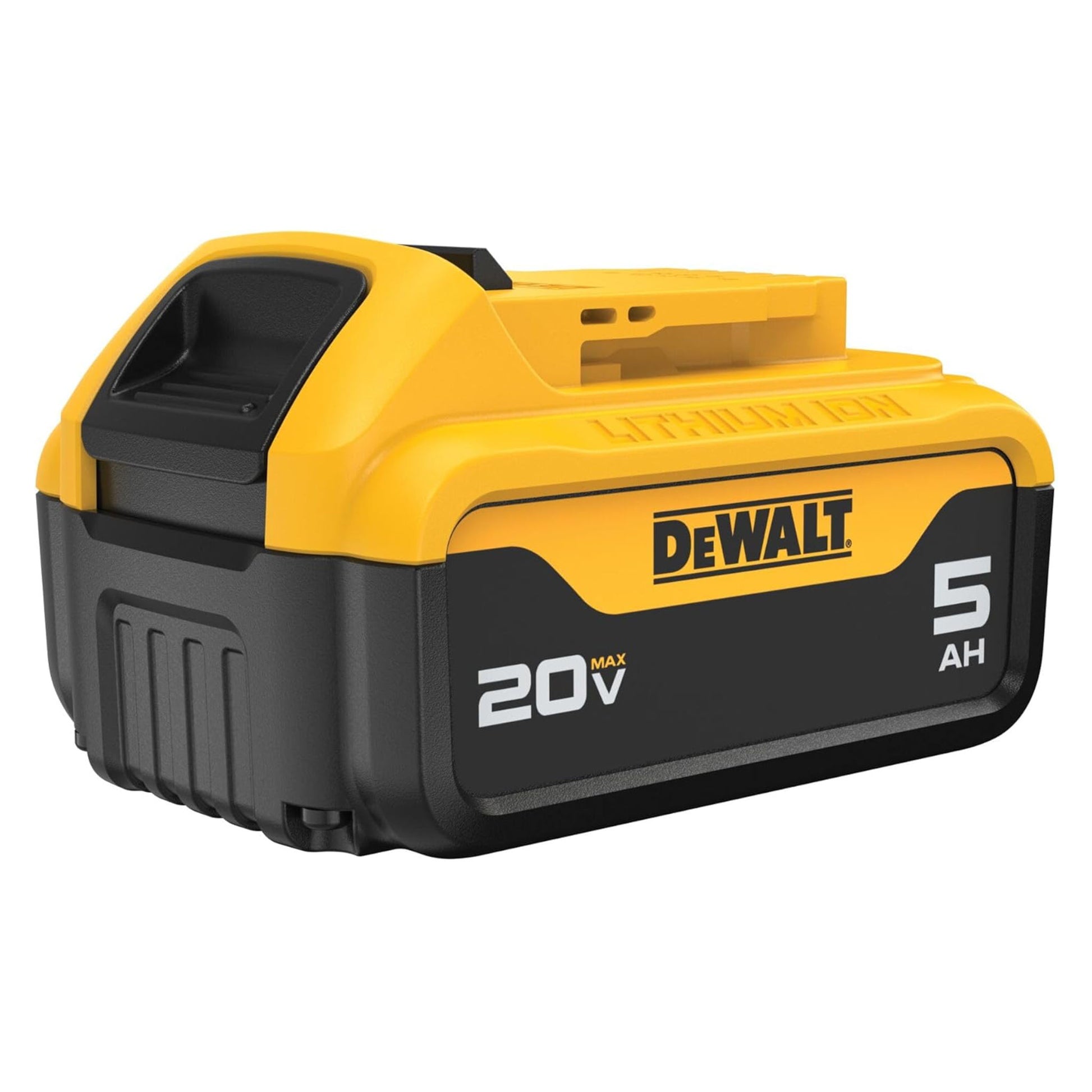 DeWalt 20V MAX 5Ah lithium-ion battery (SKU DCB205) front angled view