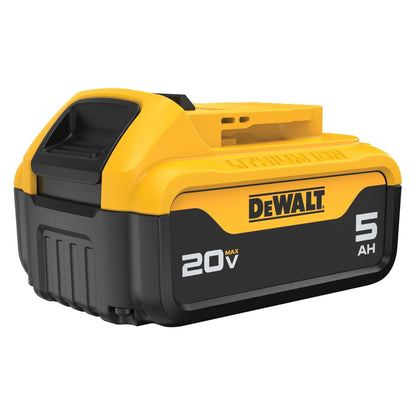 DeWalt 20V MAX 5Ah lithium-ion battery (SKU DCB205) front angled view