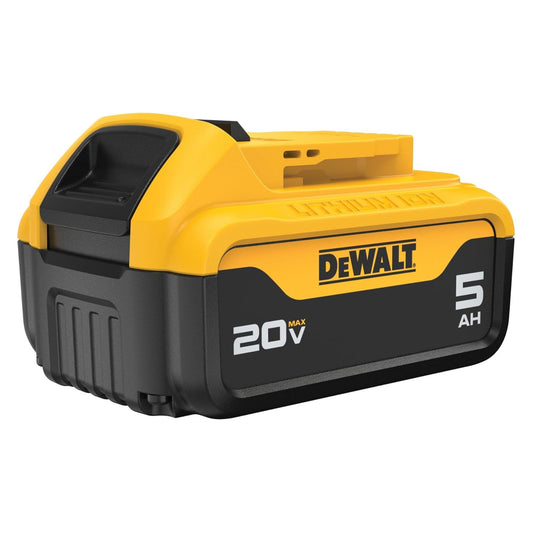 DeWalt 20V MAX 5Ah lithium-ion battery (SKU DCB205) front angled view