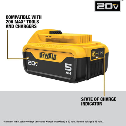 Close-up of DeWalt 20V MAX 5Ah battery (SKU DCB205C) showing built-in state-of-charge indicator