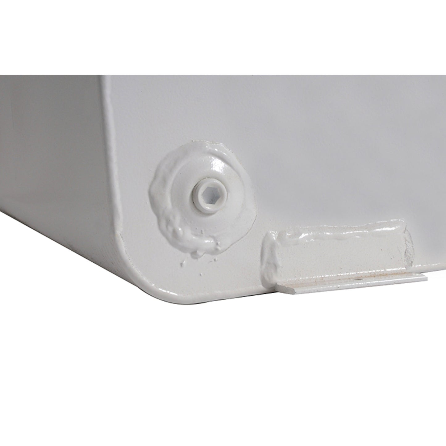 Side view of Dee Zee 55 gallon square steel transfer tank in white showing drain plug and mounting bracket (SKU DZ91750)