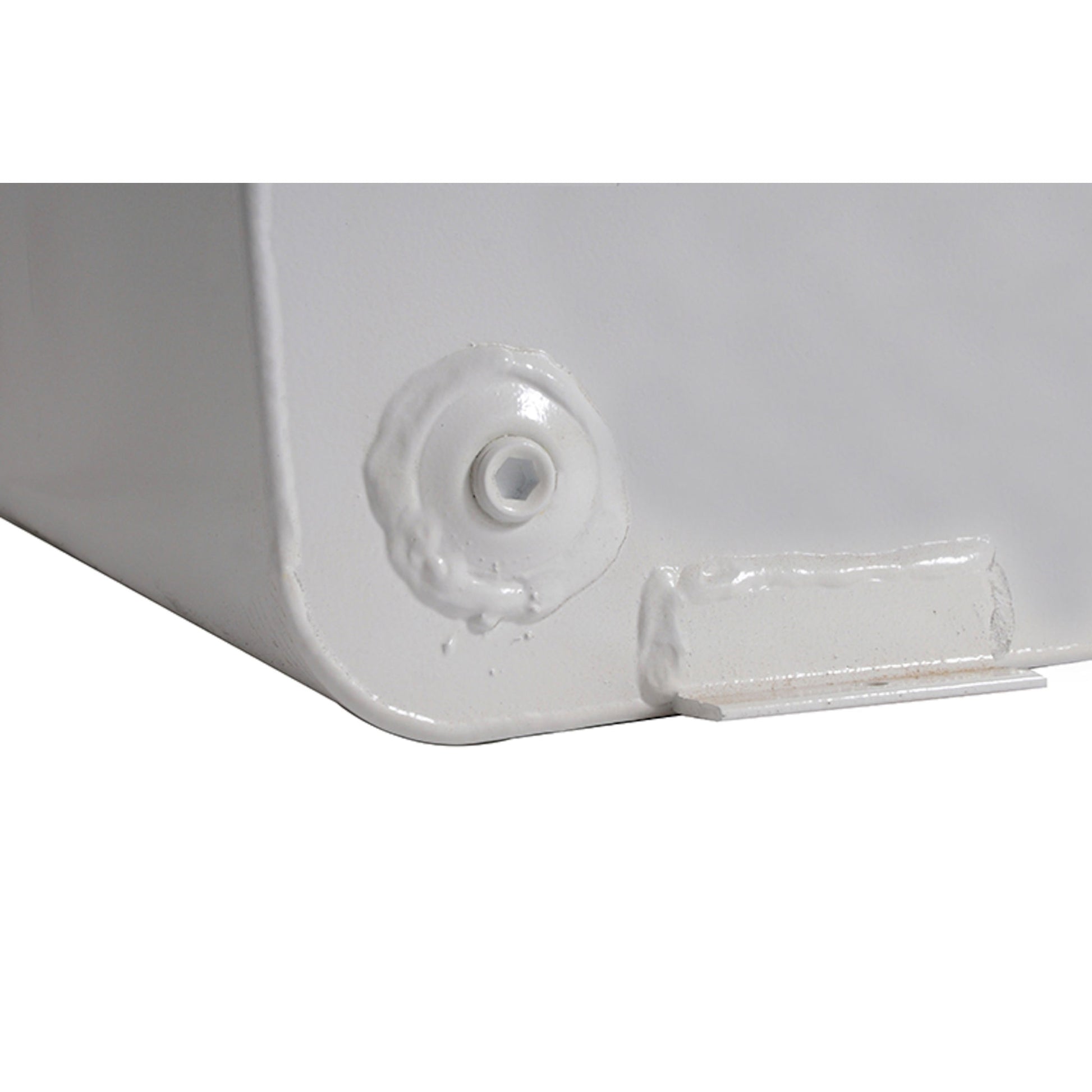 Side view of Dee Zee 55 gallon square steel transfer tank in white showing drain plug and mounting bracket (SKU DZ91750)