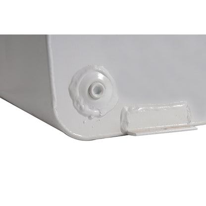 Side view of Dee Zee 55 gallon square steel transfer tank in white showing drain plug and mounting bracket (SKU DZ91750)