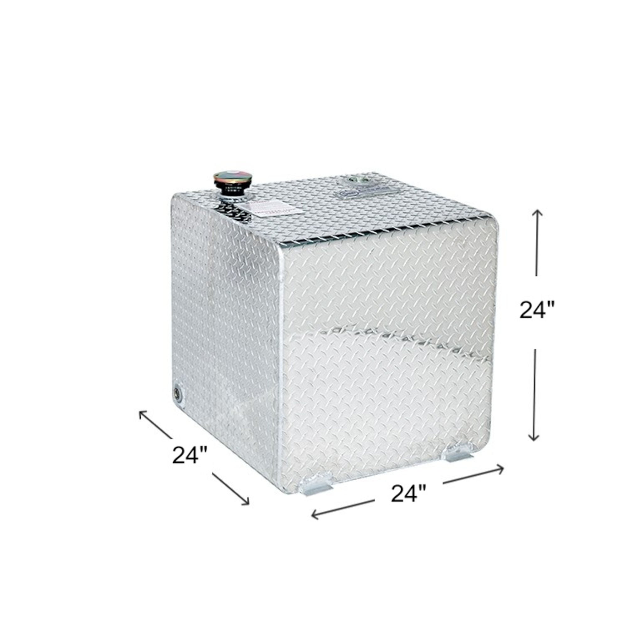 Dee Zee 55 gallon square aluminum transfer tank dimensions: 24" L x 24" W x 24" H (SKU DZ91750)