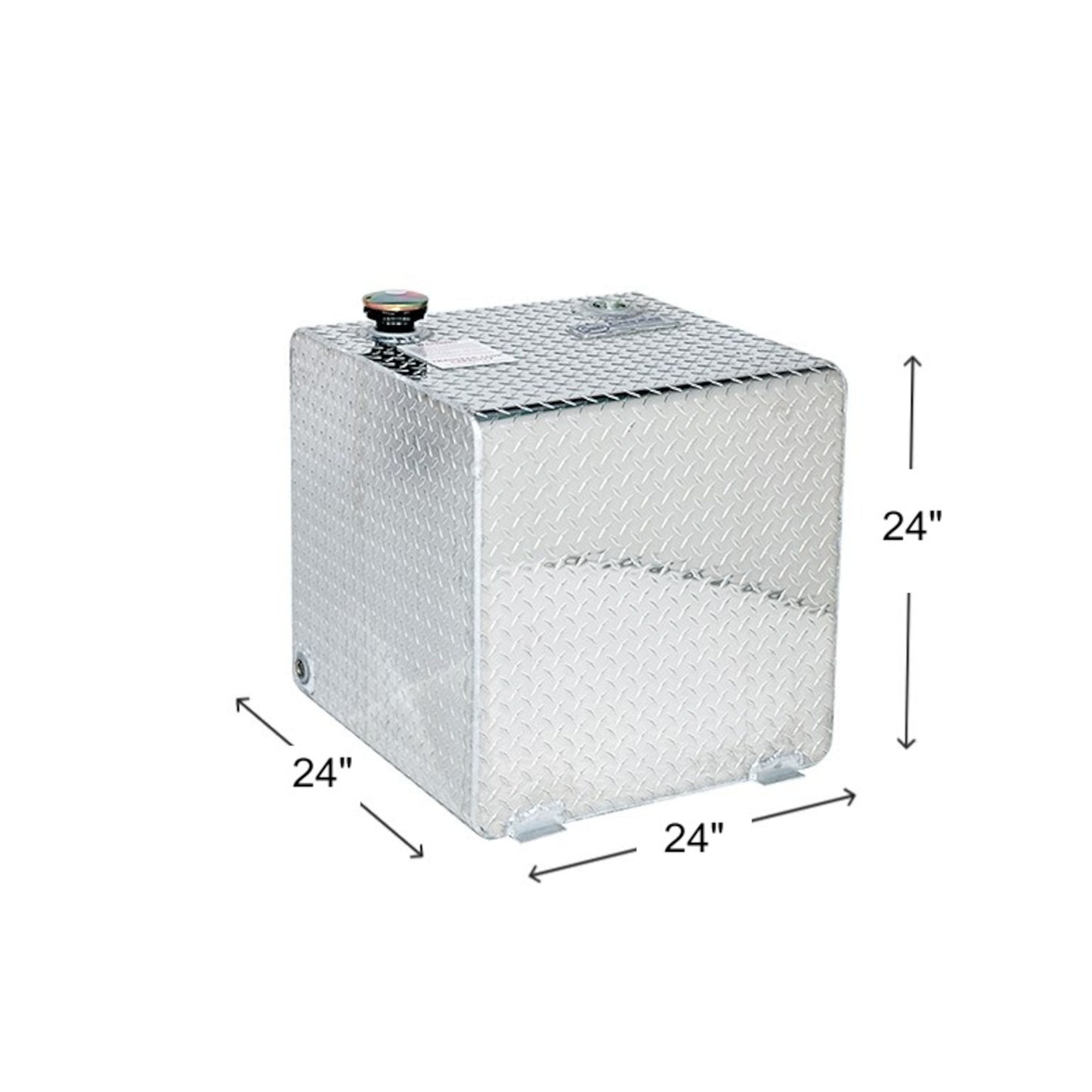 Dee Zee 55 gallon square aluminum transfer tank dimensions: 24" L x 24" W x 24" H (SKU DZ91750)