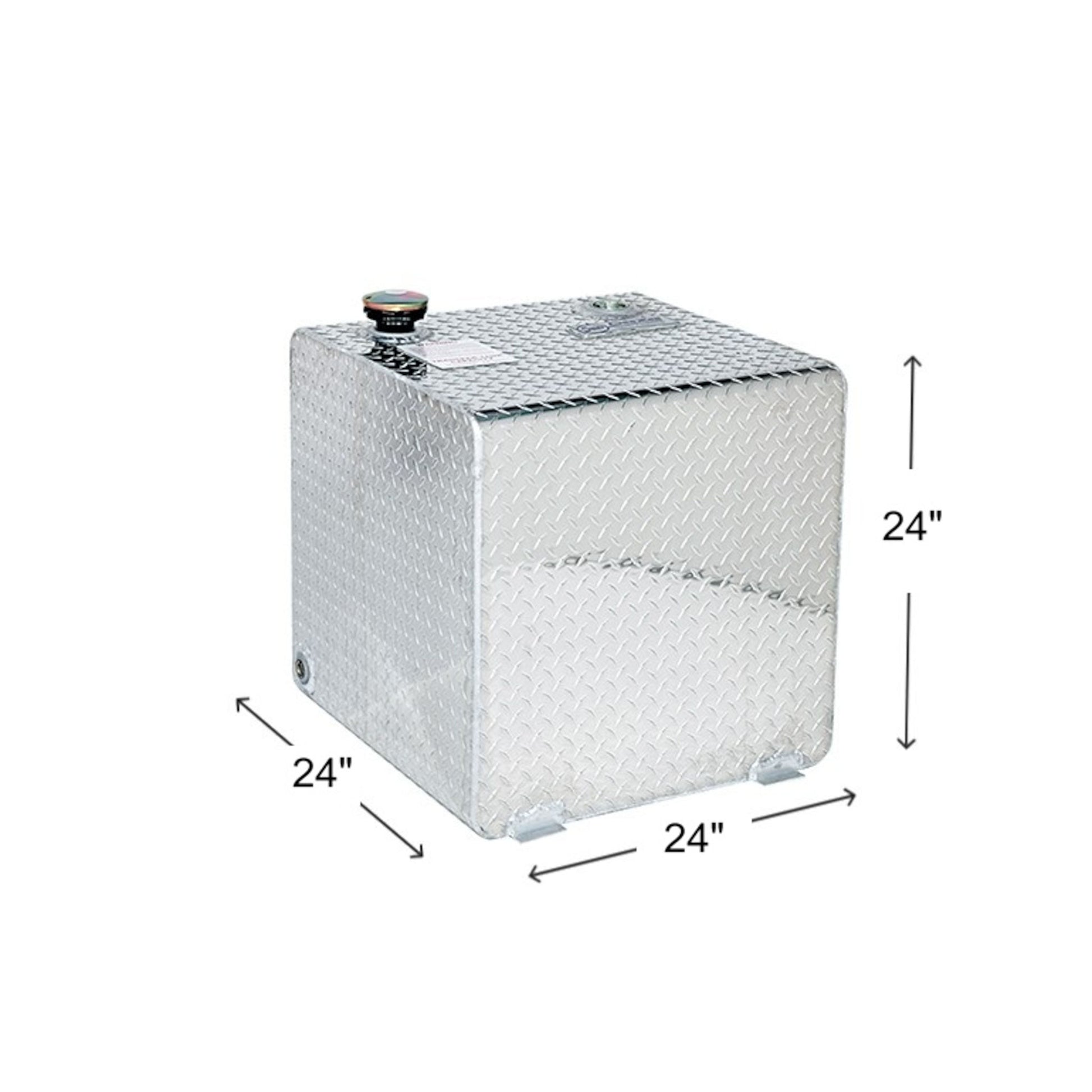 Dee Zee 55 gallon square aluminum transfer tank dimensions: 24" L x 24" W x 24" H (SKU DZ91750)