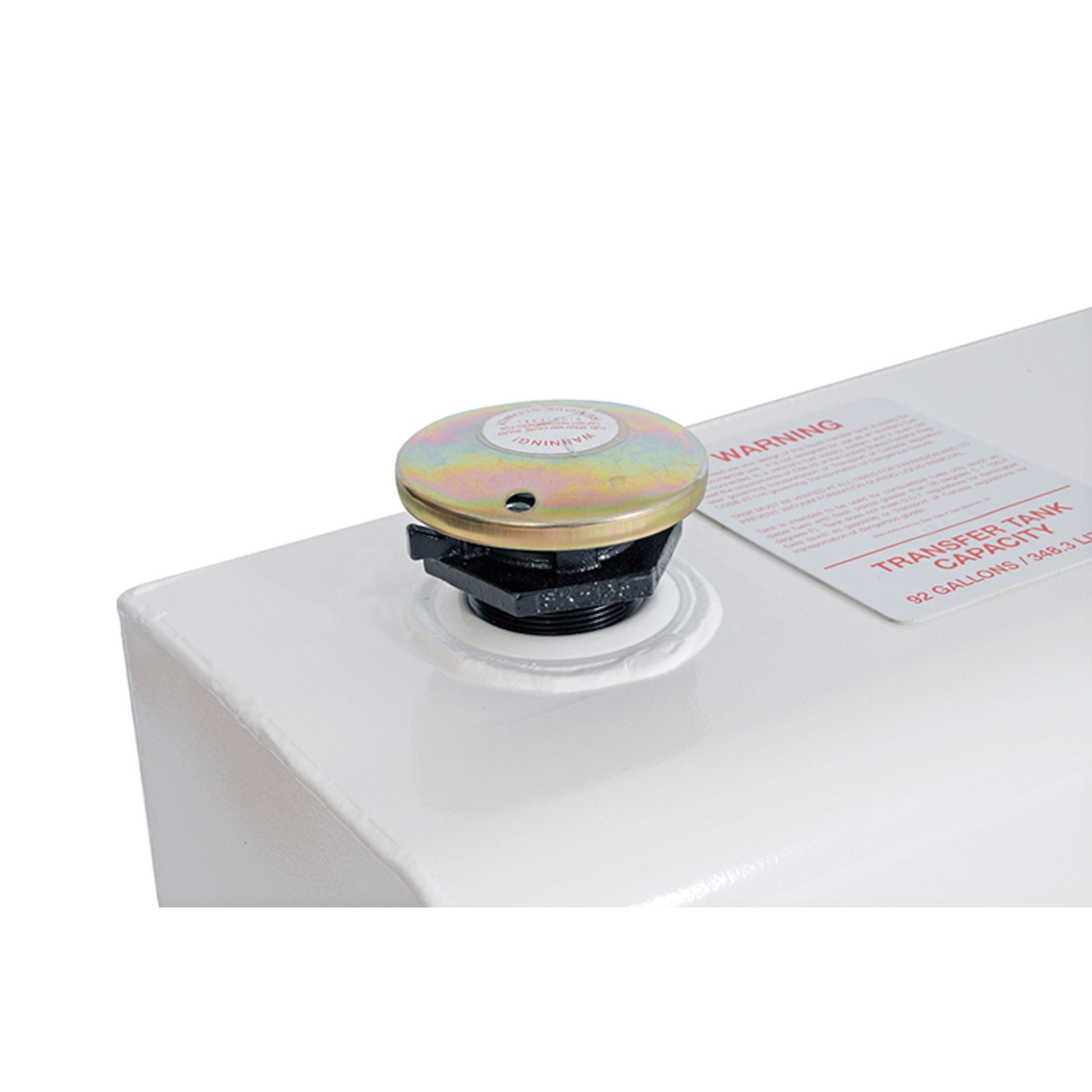 Vented brass filler cap on Dee Zee 55 gallon square steel transfer tank (SKU DZ91750)