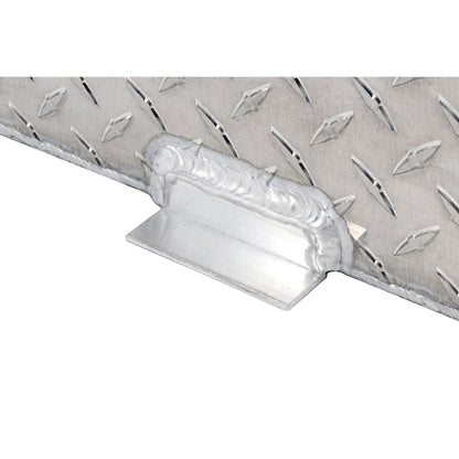 Reinforced mounting bracket on Dee Zee 55 gallon square aluminum transfer tank for secure installation (SKU DZ91750)