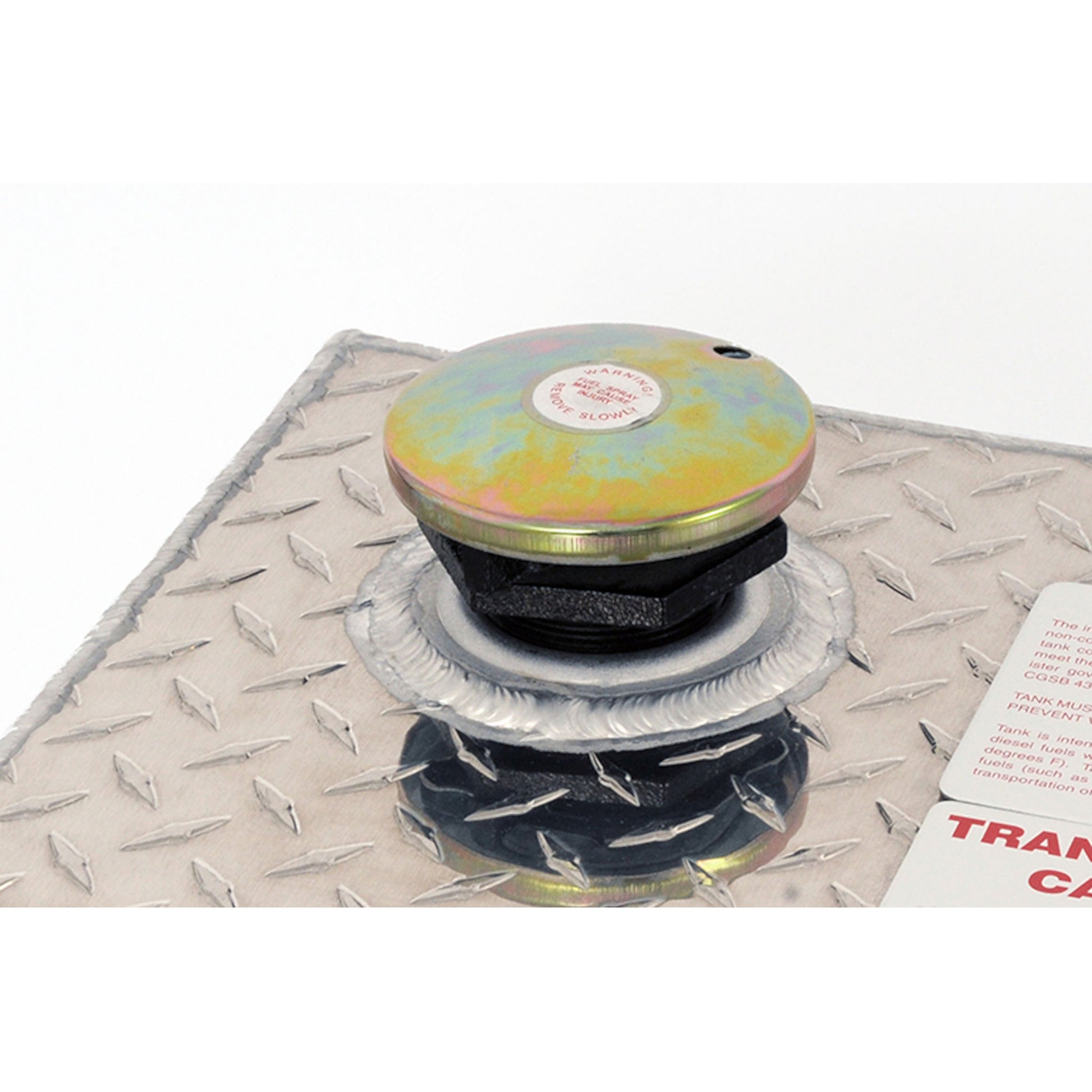 Vented lockable brass filler cap on Dee Zee 55 gallon square aluminum transfer tank (SKU DZ91750)