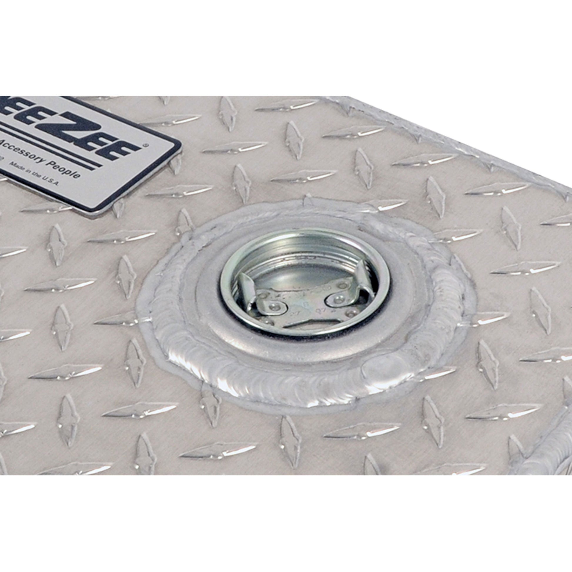 Open view of filler neck on Dee Zee 106 gallon rectangular Brite-Tread aluminum transfer tank (SKU DZ91753)