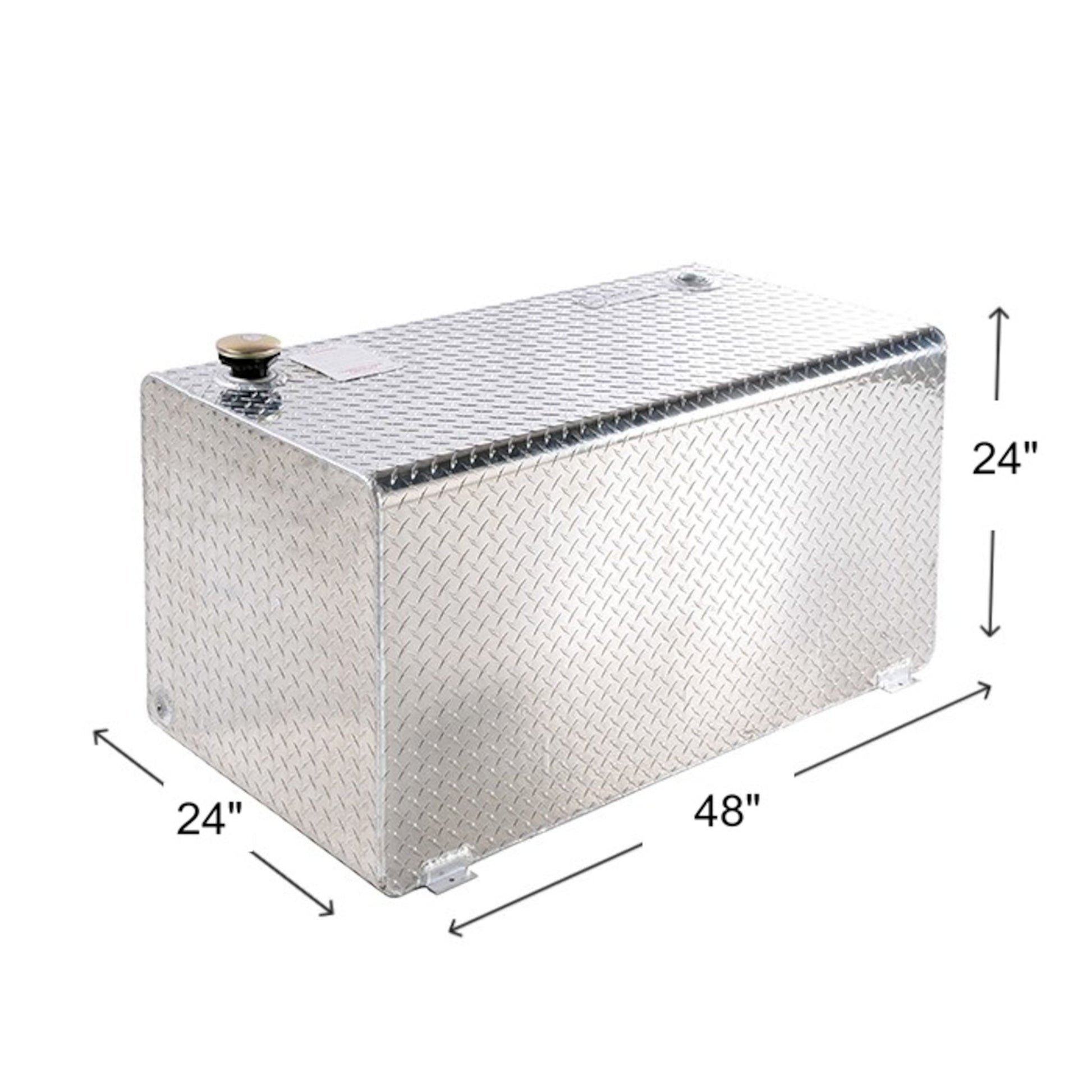 Dee Zee rectangular Brite-Tread aluminum transfer tank dimensions: 48" L x 24" W x 24" H (SKU DZ91753)