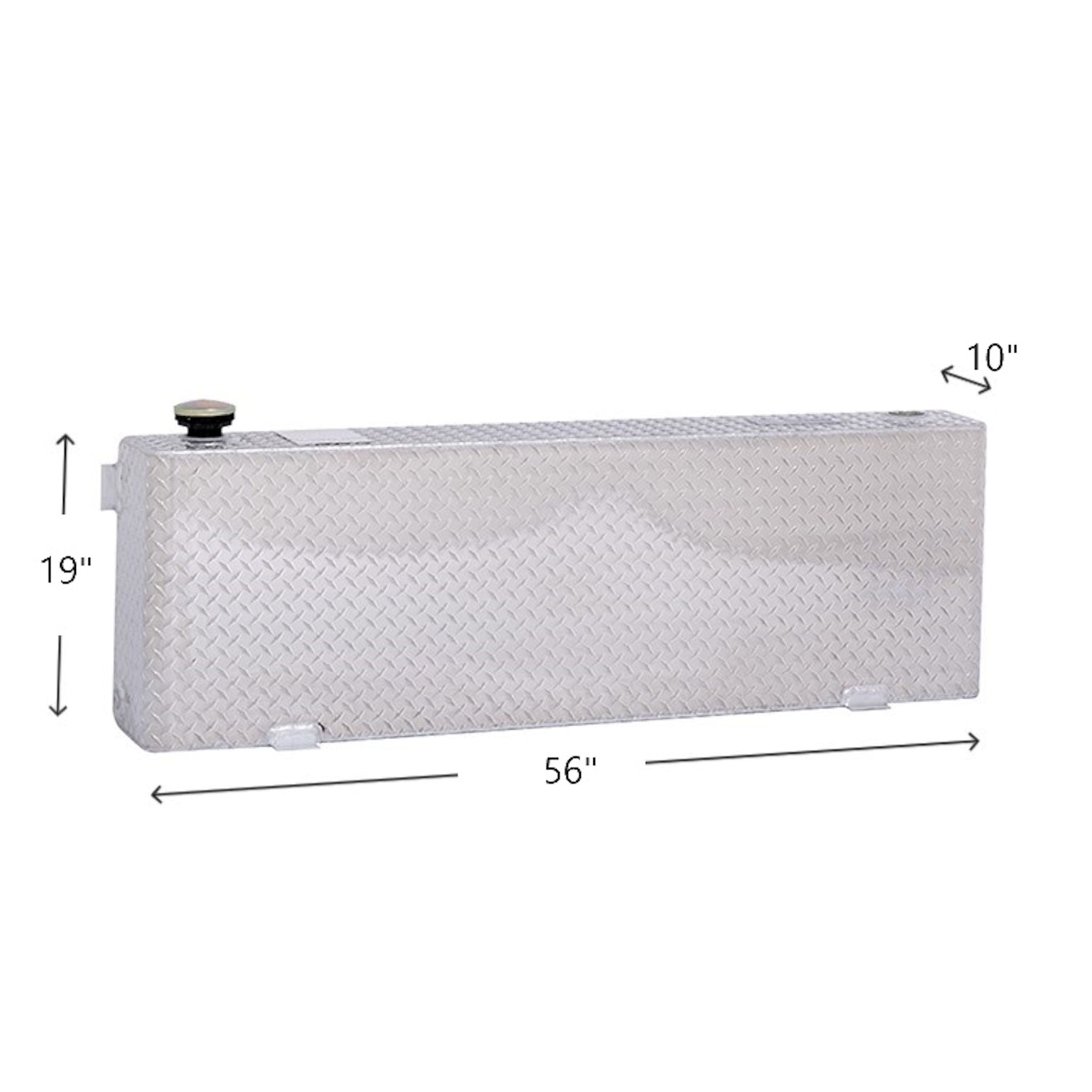 Dee Zee 39 gallon long rectangle Brite-Tread aluminum transfer tank dimensions: 56" L x 19" W x 10" H (SKU DZ92556N)