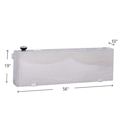 Dee Zee 39 gallon long rectangle Brite-Tread aluminum transfer tank dimensions: 56" L x 19" W x 10" H (SKU DZ92556N)
