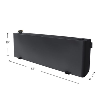 Side view with dimension labels (56" length, 19" height, 10" width approximate) of the Dee Zee Long Rectangle Transfer Tank Black Steel DZ92556NSB, displaying the narrow rectangular shape, smooth black powder coat finish, fill cap, drain plug, and mounting tabs on this 39-gallon steel transfer tank.