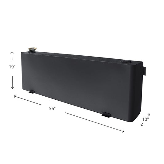 Side view with dimension labels (56" length, 19" height, 10" width approximate) of the Dee Zee Long Rectangle Transfer Tank Black Steel DZ92556NSB, displaying the narrow rectangular shape, smooth black powder coat finish, fill cap, drain plug, and mounting tabs on this 39-gallon steel transfer tank.